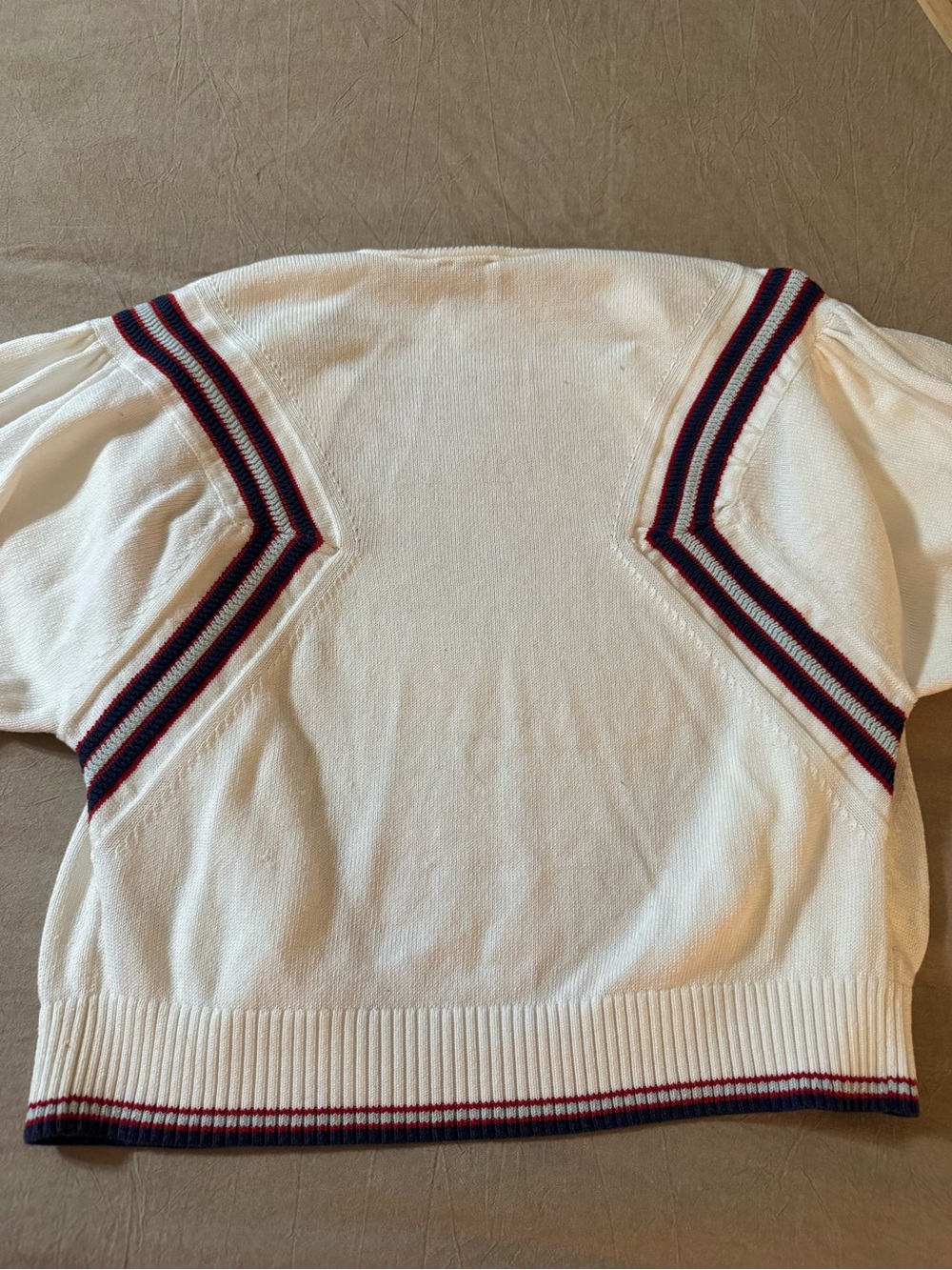 Maeve White Cropped Cardigan with Navy and Red Trim Size Large - Picture 14 of 16